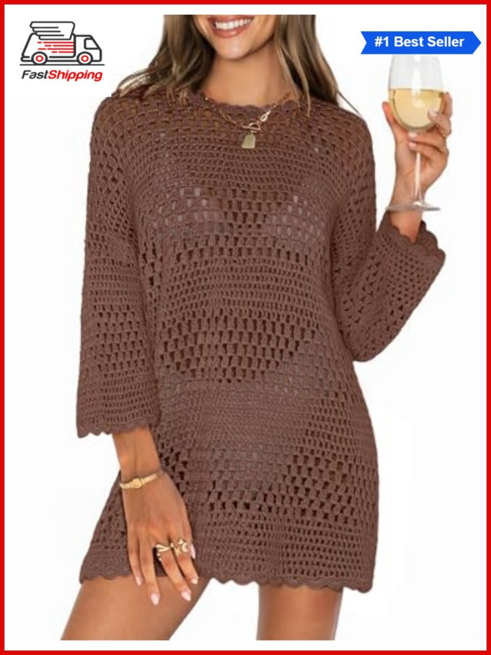 ✨ANRABESS Crochet Knit Mini Dress Swimsuit Cover Up 3/4 Sleeve Beach